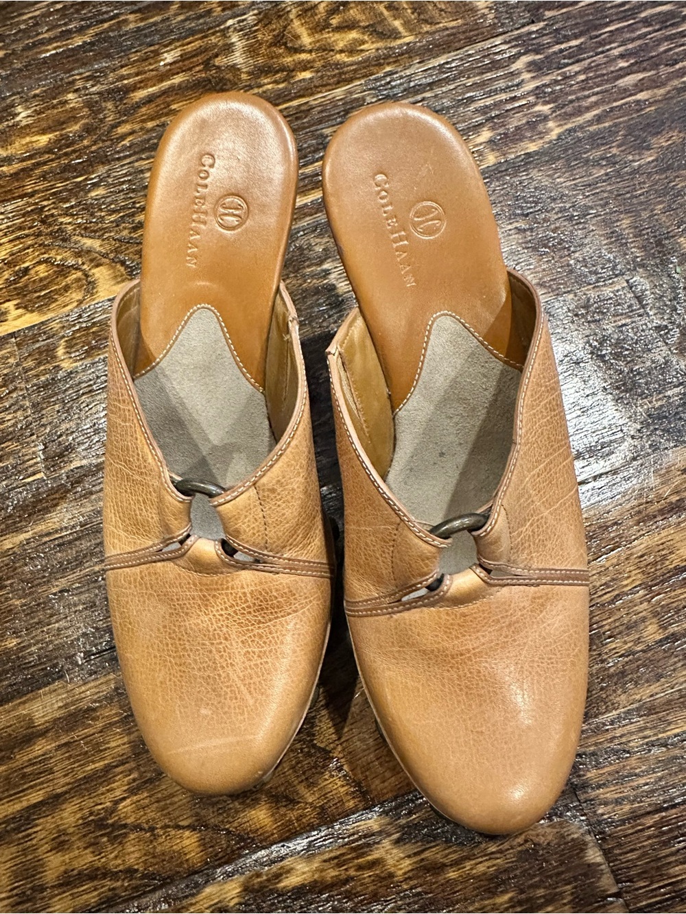 Cole Haan camel Tan Leather Slip-On Mules with Metal Ring Detail